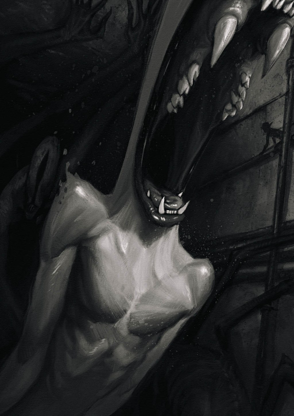 Dark, horror, monochrome illustration of a long-necked monstrous figure with sharp teeth and clawed hands emerging from shadows.