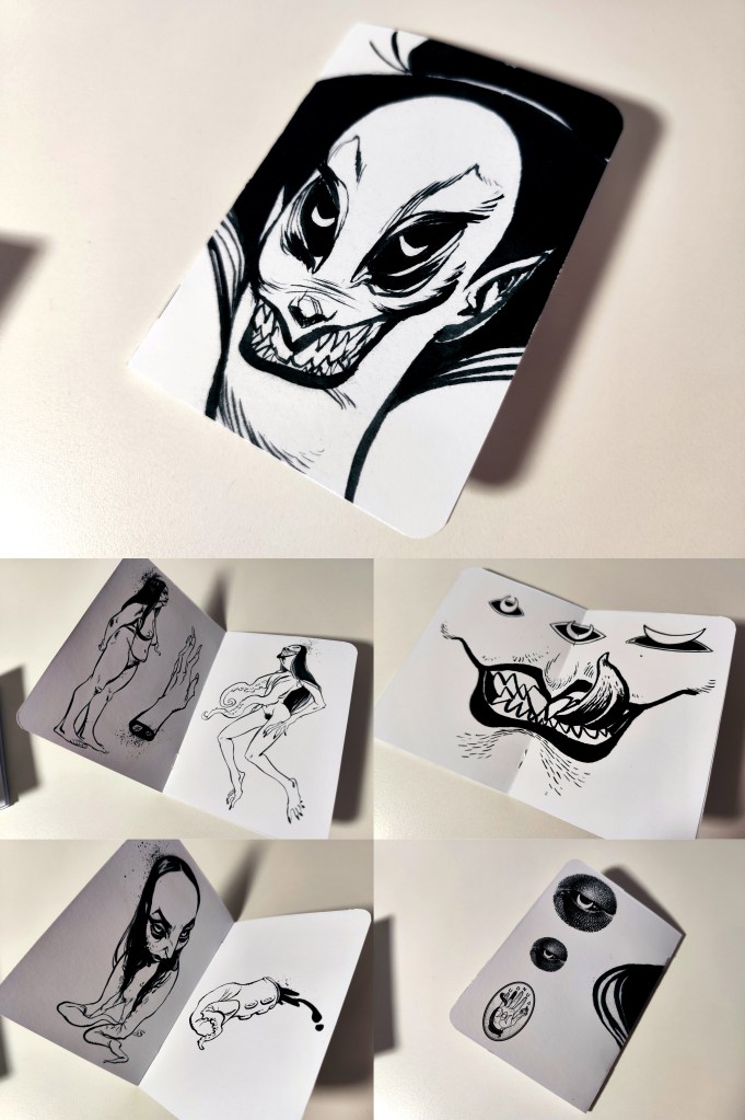 Photo collage of the “Mooneye” oneiric zine, showing the ink-illustrated cover with a grinning face and several interior pages with surreal black-and-white drawings.