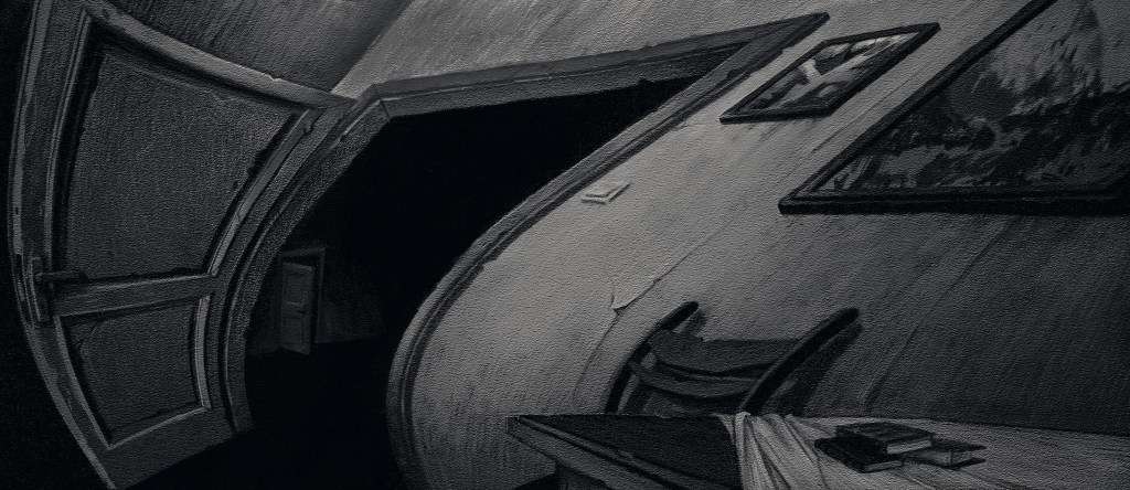 Digital painting of a dim, surreal curved-walled room with an open door, a desk, and framed pictures (Plushroom).