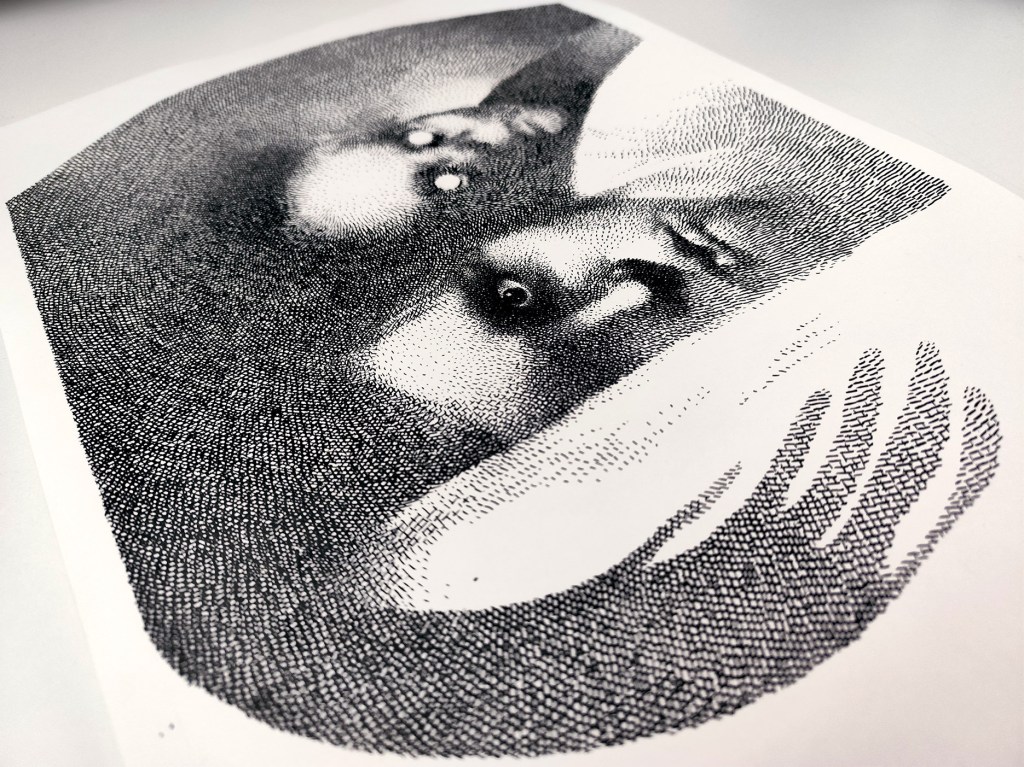 Closeup angle photo of Black-and-white ink horror illustration of a face pressed to a pillow with a shadowy second face behind it, glowing white eyes, and a curved, enclosing shape (“Sleep paralys”).