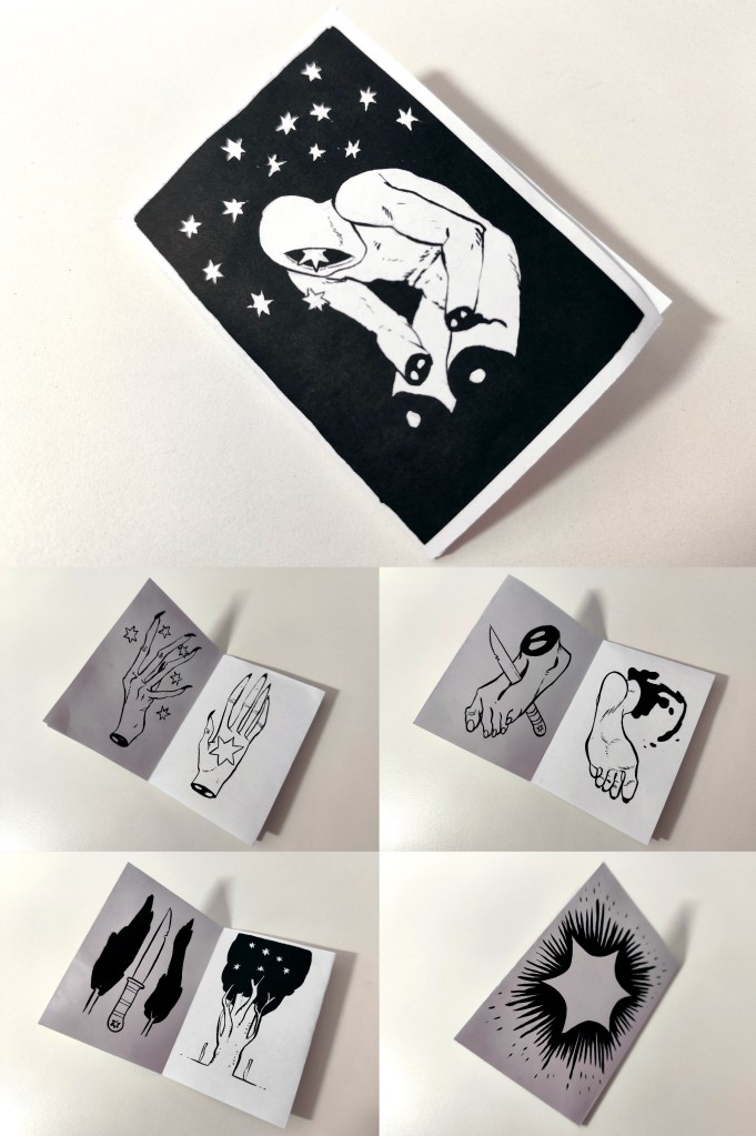 Series of photos of the “Stars” oneiric zine, showing an ink-drawn cover with a curled figure under white stars and several interior pages with hand and star motifs.