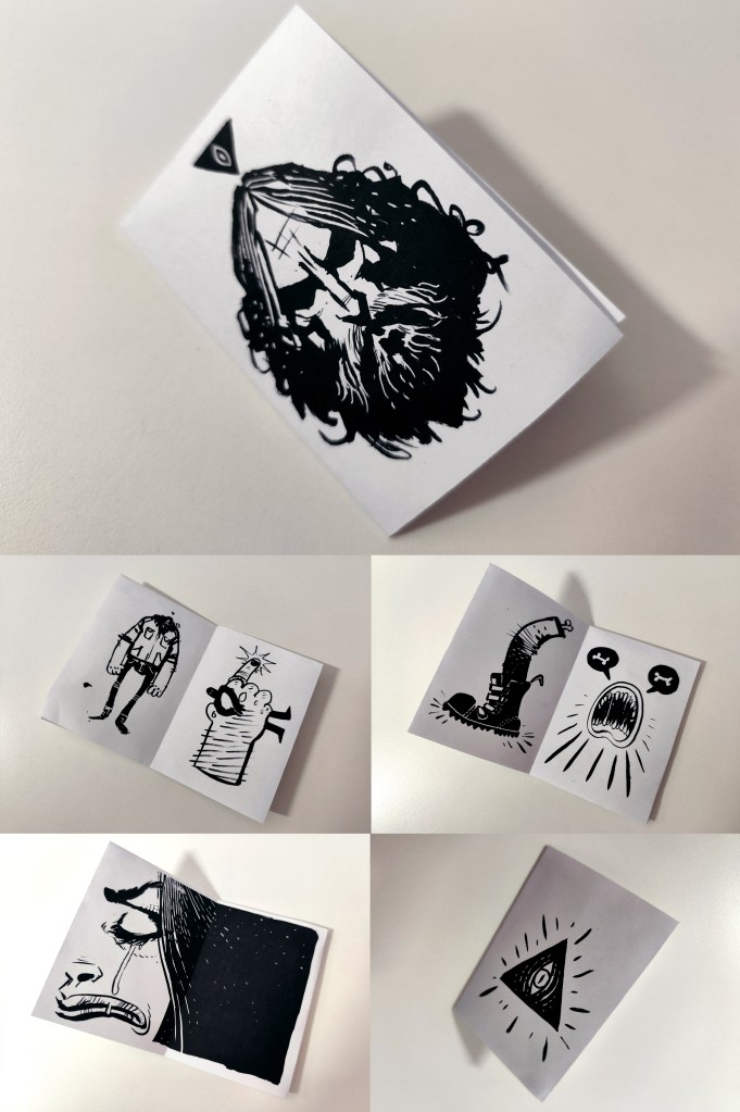 Photo collage of the “Triangle” surreal zine, showing a black ink bearded face on the cover and interior pages with bold black-and-white drawings, including an eye symbol and surreal figures.