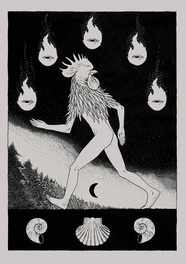 Black-and-white symbolic, surreal, gnostic illustration of a rooster-headed human figure walking at night beneath floating flames with eyes, above shells and a crescent moon.