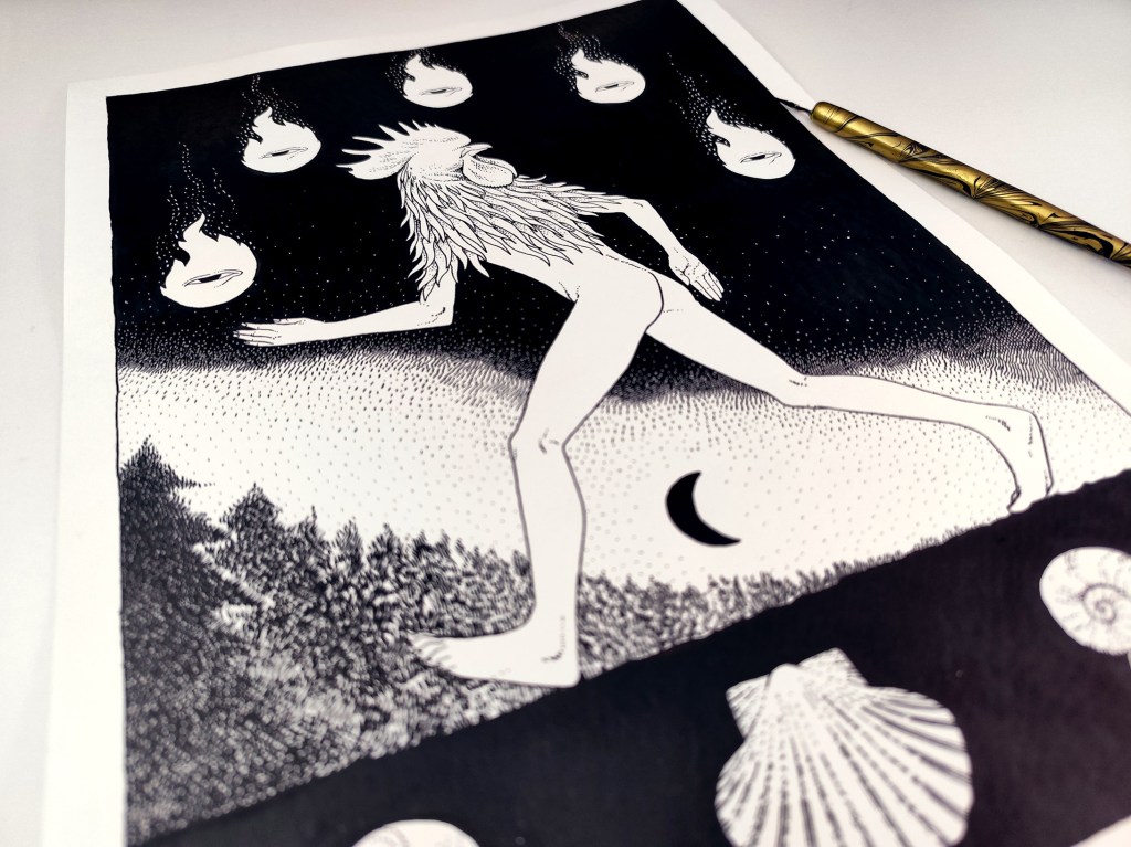 Black-and-white symbolic, surreal, gnostic illustration of a rooster-headed human figure walking at night beneath floating flames with eyes, above shells and a crescent moon.