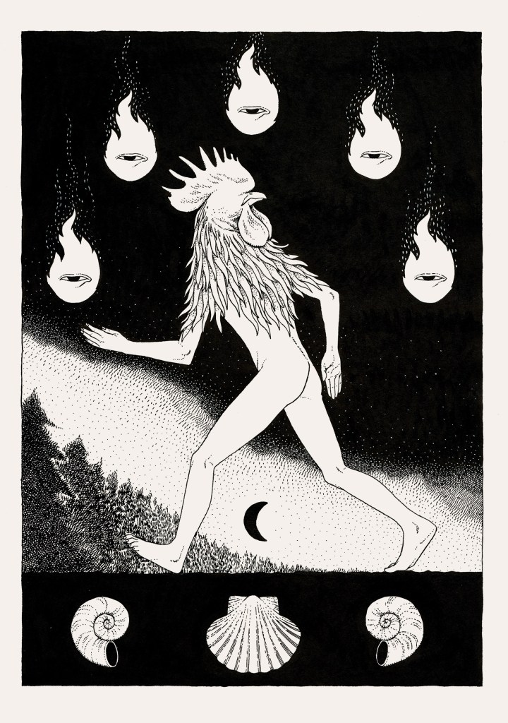 Black-and-white symbolic, surreal, gnostic illustration of a rooster-headed human figure walking at night beneath floating flames with eyes, above shells and a crescent moon.