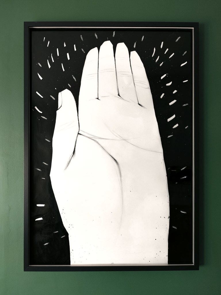 White hand illustration on a black background, surrounded by short radiating lines.