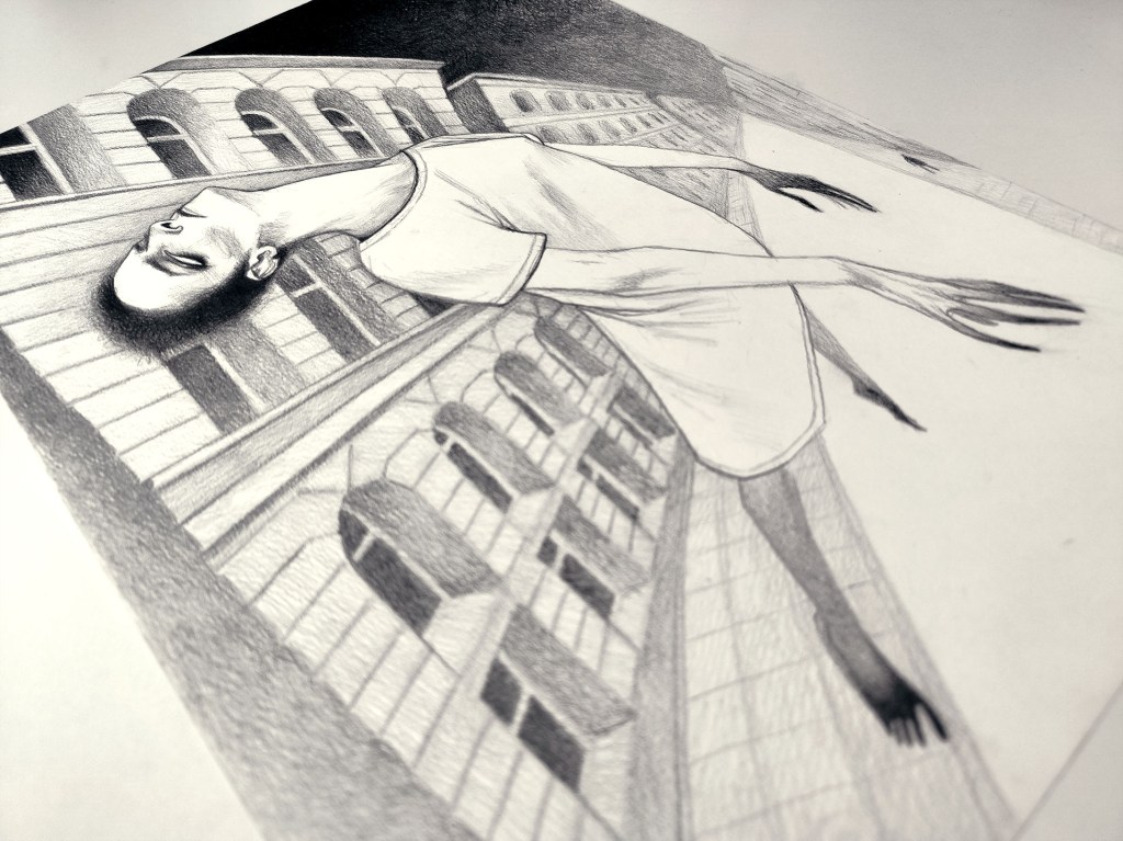 Out-of-body flight along the facade of a building, with the city seen from a tilted aerial perspective