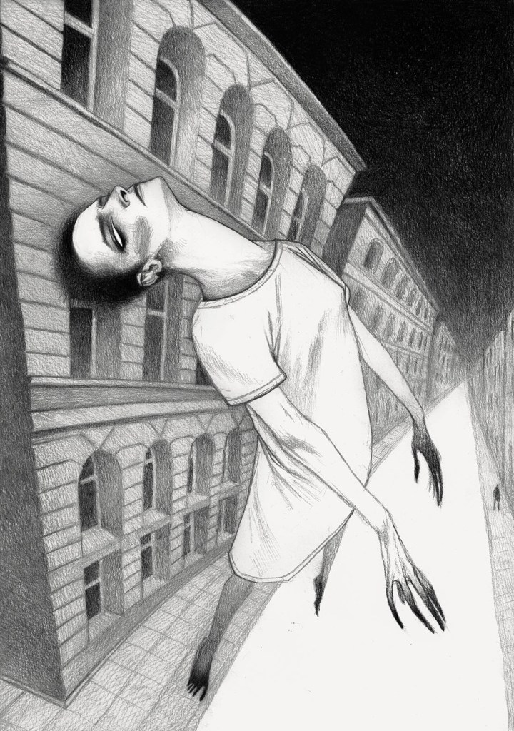 Out-of-body night flight above an empty street, with a floating figure drifting between tall buildings