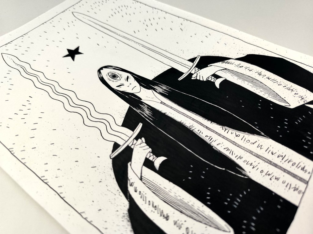 Close-up of a robed figure with an eye on its forehead, holding two swords - one straight, one wavy. Ink on paper.