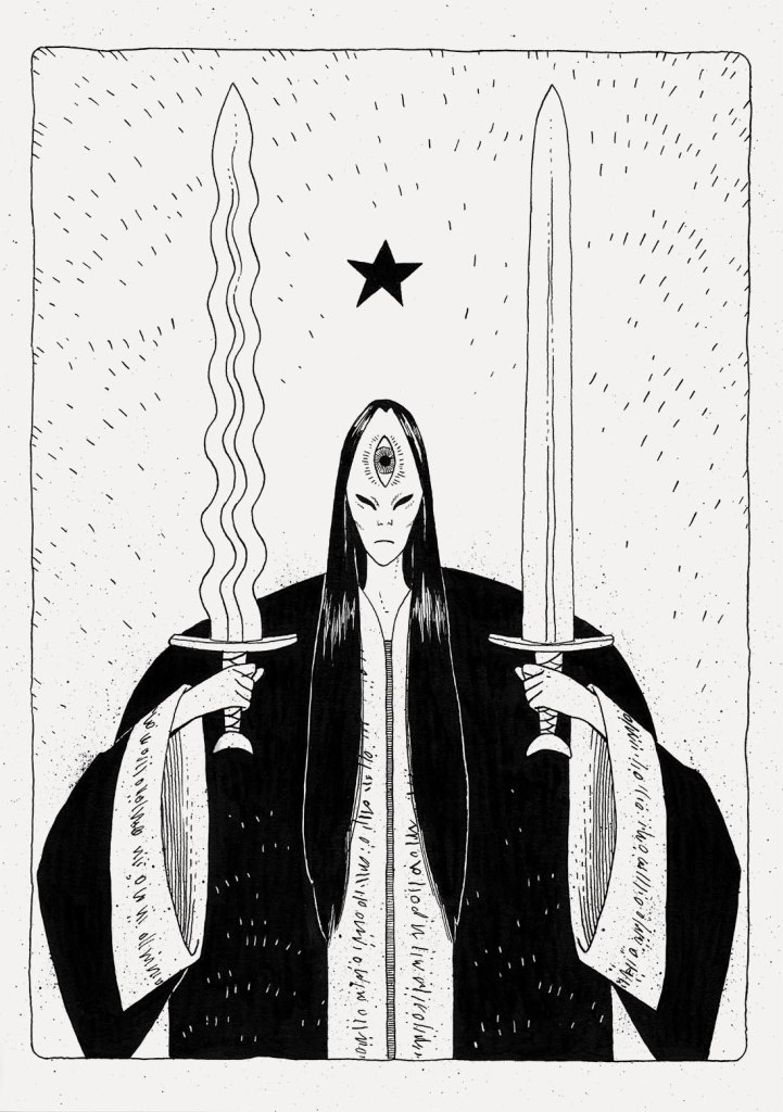 A robed figure with an eye on its forehead holds two swords - one straight, one wavy. A five-pointed star floats above. Oneiric Anamnesis.